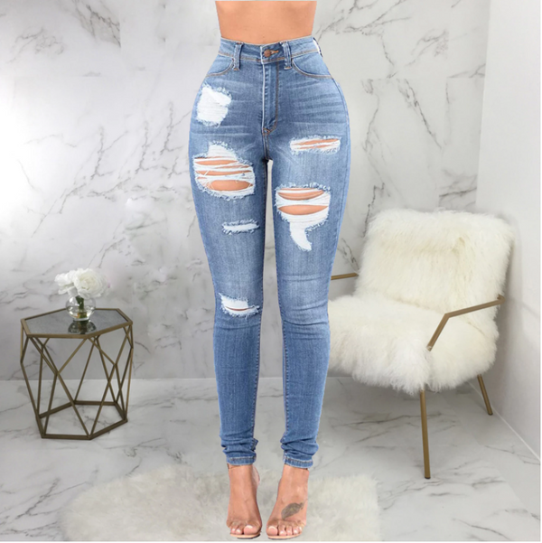 Sexy Pencil Ripped Jeans For Women Summer Fashion All-Match Elastic High Waist Washed Holes Denim Urban Street Casual Pants