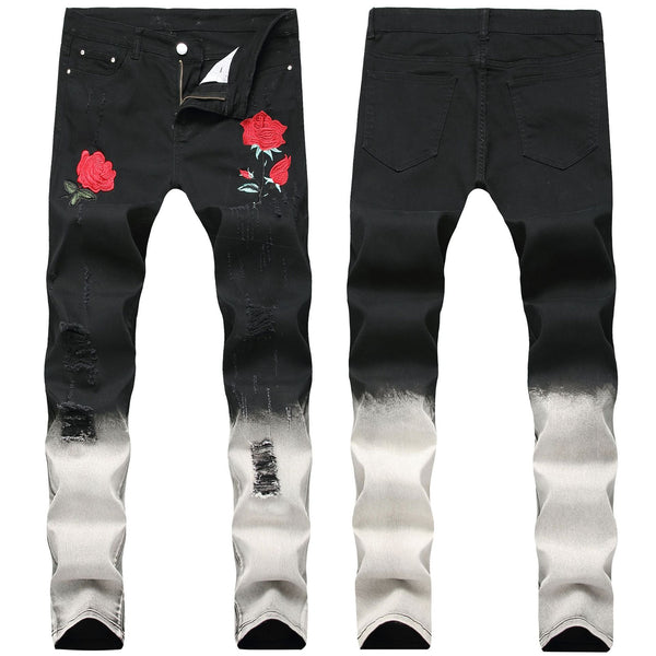 Black Feet Pants Rose Embroidered Shredded Jeans