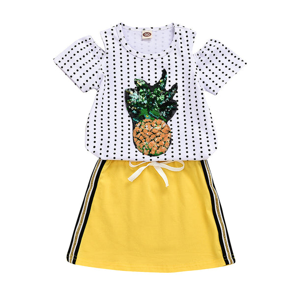 Children's Polka Dot Pineapple Short-Sleeved Straight Lace Skirt Suit