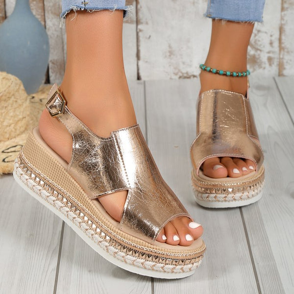 Summr Shiny Sandals Hollow Design Fish Mouth Sandal For Women Fashion Buckle Wedges Shoes