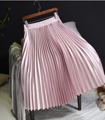 Pure Color Korean Style Pleated Skirt Skirt Mid-length High-waisted Skirt
