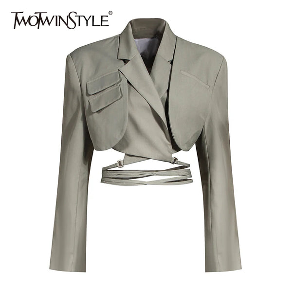 TWOTWINSTYLE Irregular Elegant Blazer For Women Notched Long Sleeves Lace Up Bowknot Blazers Female 2022 Spring Fashion New
