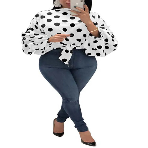 Casual Polka Dot Blouse Women Vintage Lantern Sleeve Bow Lace Up Stand Collar Shirt Plus Size 2019 Short Tops Female