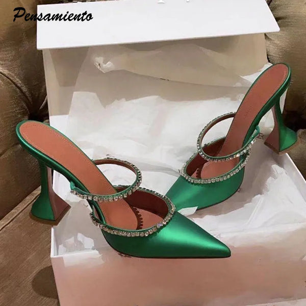 2024 Rhinestones satin Women Pumps Slippers Elegant Pointed toe High heels Lady Mules Sildes Summer Fashion Party prom Shoes