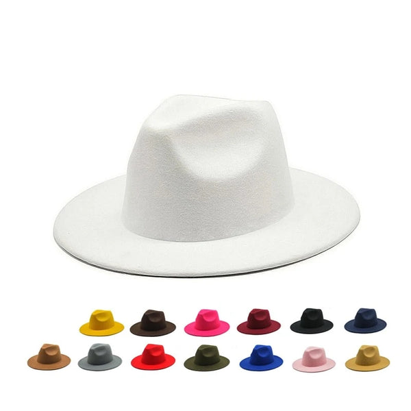 (N) Autumn Winter Womens Felt Hat Fedoras Big Brim Hats For Women British Style Vintage Church Hats Lady Flat Brim White jazz cap