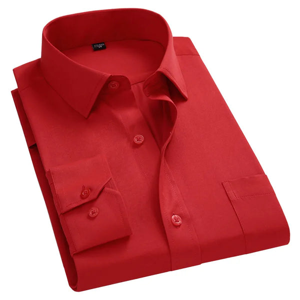 (N) New Men Business Casual Long Sleeved Shirt For Male Solid Color Dress Shirts Slim Fit Chemise Homme Camisa Social Red 8XL