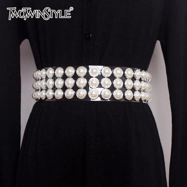 TWOTWINSTYLE Pearls Belt Female Diamonds Patchwork Transparent Wide Belts Summer Fashion Harajuku Cummerbunds Accessories 2020