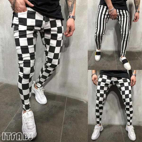 Hirigin 2019 New Men's Summer Fashion Slim Comfortable Striped Plaid Black White Casual Pencil Pants Men Clothes