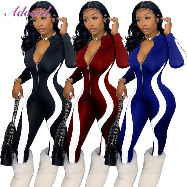 (N) Fitness Sportwear Rompers Women Casual Stripe Patchwork Long Sleeve Zippes V Neck Workout Jumpsuit Outfit One Piece Overalls