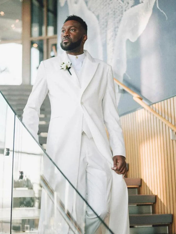 Long Style White Suits Men Single Breasted Jacket Vest Pants 3 Pieces Formal Wedding Groom Tuxedos Custom Made Bridegroom Blazer