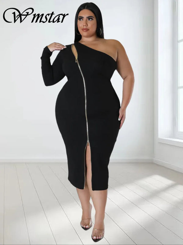 Wmstar Plus Size Dresses for Women Single Sleeve Elegant Solid Sexy Zipper Maxi Dress New Summer Clothes Wholesale Dropshipping