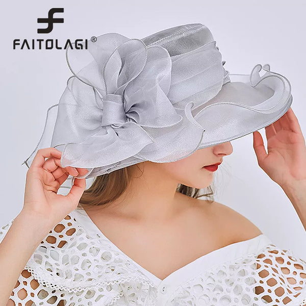 (N) Elegant Bow Lady Hat Summer Organza Wide Brim Sunscreen Kentucky Derby Hats For Women Church Wedding Beach Sun Cap Foldable
