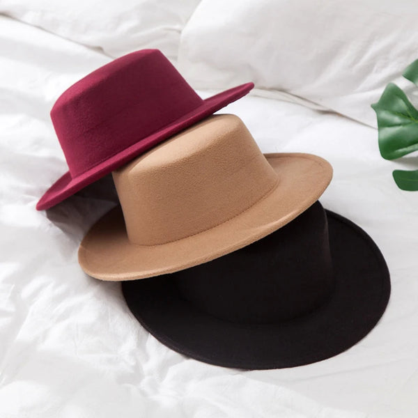 (N) Flat Fedoras Hats for Women Classic British Jazz Cap Imitation Woolen Wide Brim Ladies Caps Church Derby Flat Top Hat