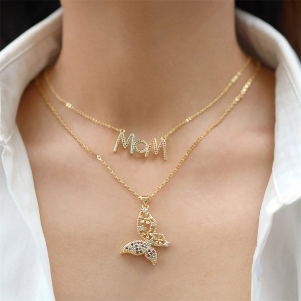 Mother's Day Gift Mom Mama Letter Crystal Chain Necklaces For Mother Copper Zirconia Butterfly Necklace Gold Jewelry for Women