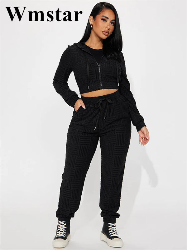 Wmstar Women Two Piece Set Solid Color Zipper Cardigan Long Sleeve Hooded Sweatshirts Crop Tops + Skinny Pants Suits Tracksuits