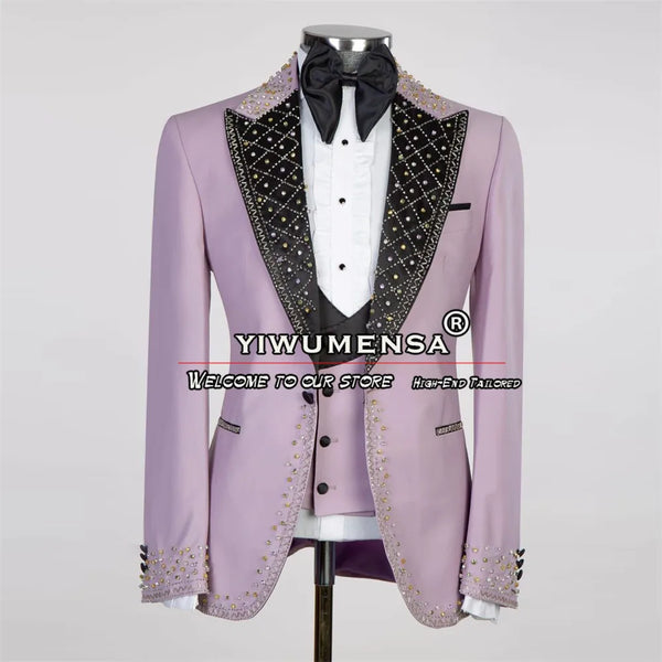 Banquet Wedding Suits For Men Crystals Beads Black Peaked Lapel Jacket Vest Pants 3 Pieces Formal Groom Tuxedos Custom Made Coat