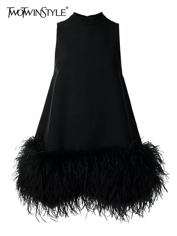 TWOTWINSTYLE Feather Fur Dress For Women O Neck Sleeveless Loose Tassel A Line Dresses Female Streetwear 2022 Summer Fashion New