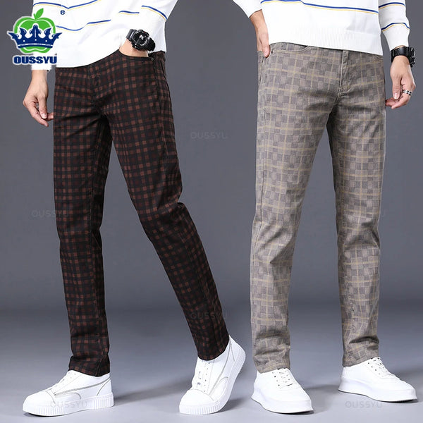 High Quality Men's Plaid Casual Pants 98% Cotton Stretch Straight Classic Slim Fit Trousers Male Large Size 40 42 6 Pattern