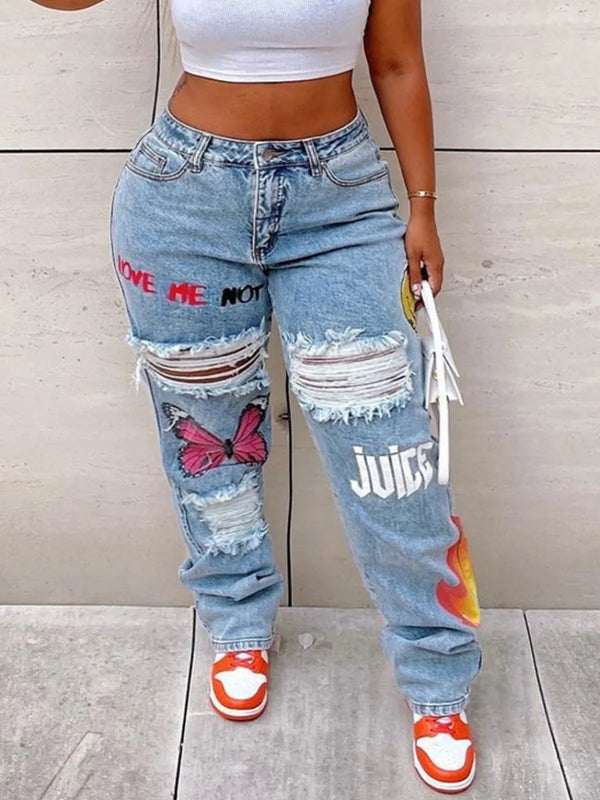 LW Plus Size Butterfly Letter Print Ripped Jeans Women Large Size Denim Fashion Straight Pants Streetwears Trousers(2 Colors)
