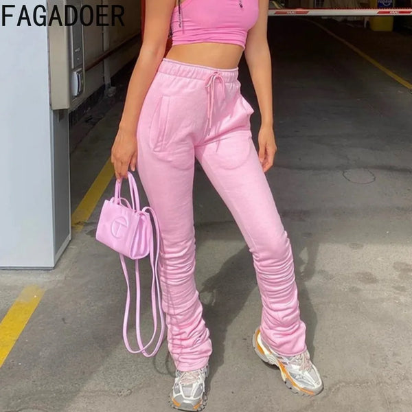 FAGADOER Autumn Casual Jogger Pants Women High Waisted Drawstring Stacked Trousers Casual Female Solid Color Sporty Bottoms 2023
