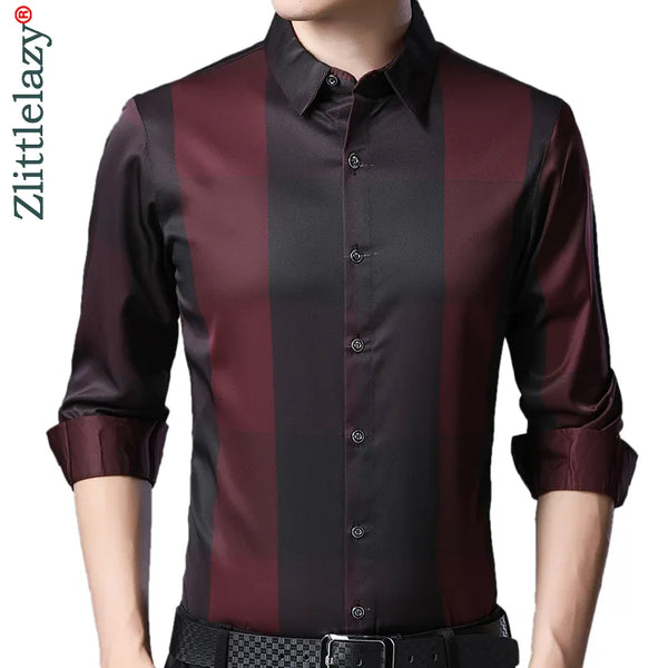 (N)  Brand Casual Luxury Plaid Long Sleeve Slim Fit Men Shirt Streetwear Social Dress Autumn Shirts Mens Fashions Jersey 92339