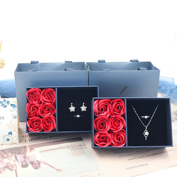 6pcs Soap Rose Flower Gifts Box Valentines Lover'S Gifts Necklace Mothers Day Valentines Day Gift Fashion Romantic Jewelry Case