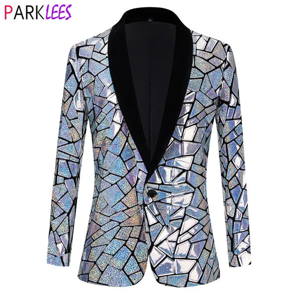 Luxury Laser Sequin Tuxedo Blazer Jacket Men One Button Shawl Lapel Dress Suit Blazer Male Party Stage Prom Singer Costume Homme