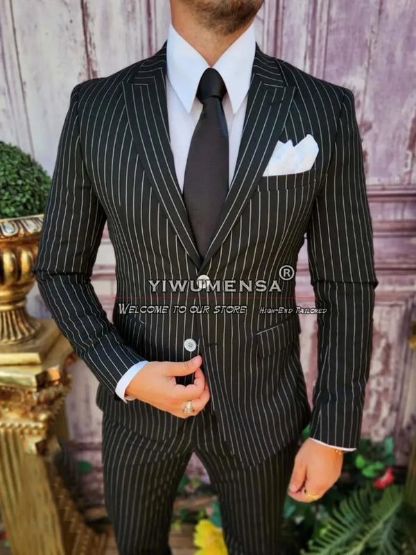White Stripes Suits Men Custom Made Black Business Banquet Prom Blazer Formal Party 3 Pieces Wedding Groom Tuxedos Male Clothing
