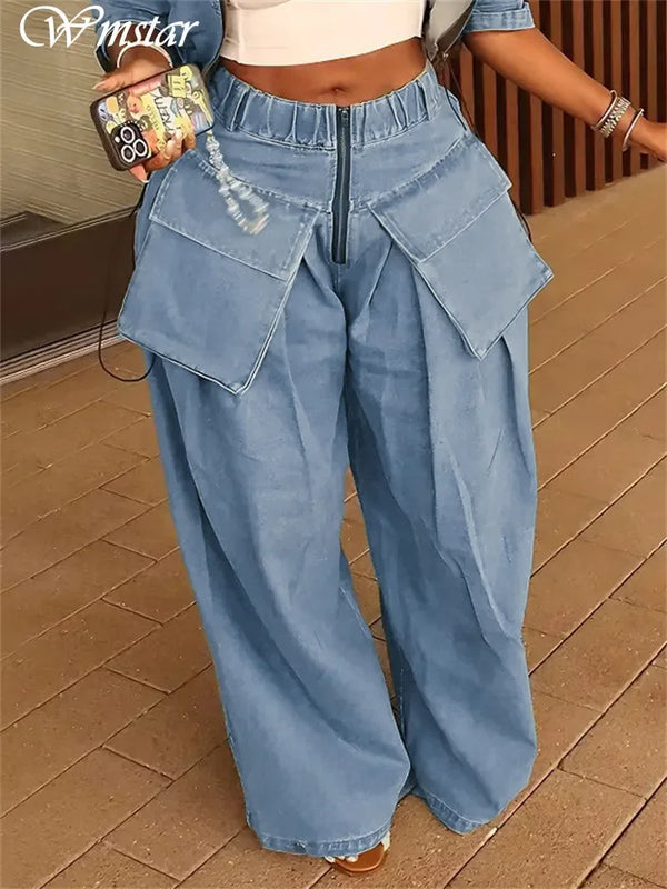 Wmstar Jeans Women High Waist Denim Bottom Boy Friend Straight Cargo Pockets Zip Pants Korean Streetwear Wholesale Dropshipping