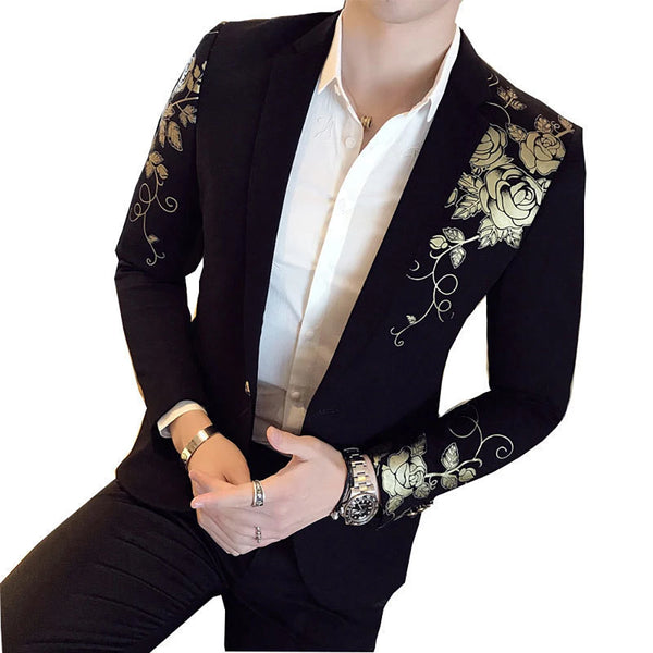 2024 New Luxury Gold Print Blazer Slim Fit Men Blazer Stage Cloth Social Party Wedding Dress Male Black Suit Jacket