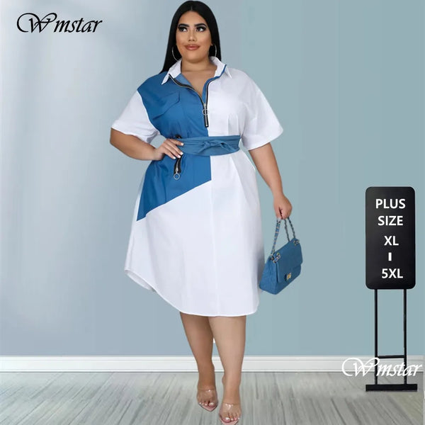 Wmstar Women's Plus Size Dresses Casual Loose Patchwork Zipper Up  Elegant Maxi Dress Fashion Streetwear Wholesale  Dropshipping