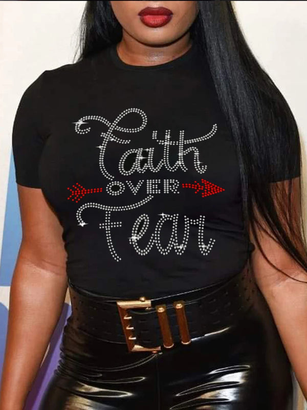 LW Plus Size Rhinestone Faith Letter T-shirt Casual Daily O Neck Short Sleeve Regular Summer Women Clothings