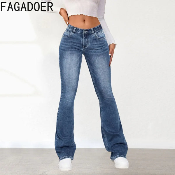 FAGADOER Fashion Denim Skinny Flared Pants Women High Waisted Button Pocket Jean Trousers Female Solid Elasticity Cowboy Bottoms