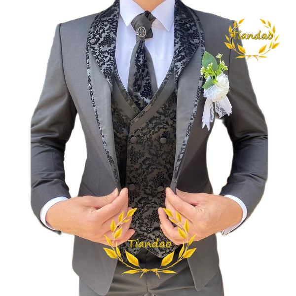 Wedding Suit for Men Formal Blazer Pants Vest Three Piece Groom Jacket Set Jacquard Slim Fit Outfit conjuntos de chaqueta