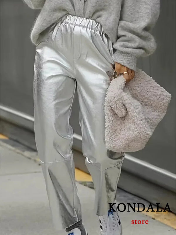 KONDALA Vintage Casual Chic Women Pants Silvery Solid Pockets Elastic Waist Straight Pants Fashion 2024 Autumn Winter Trousers