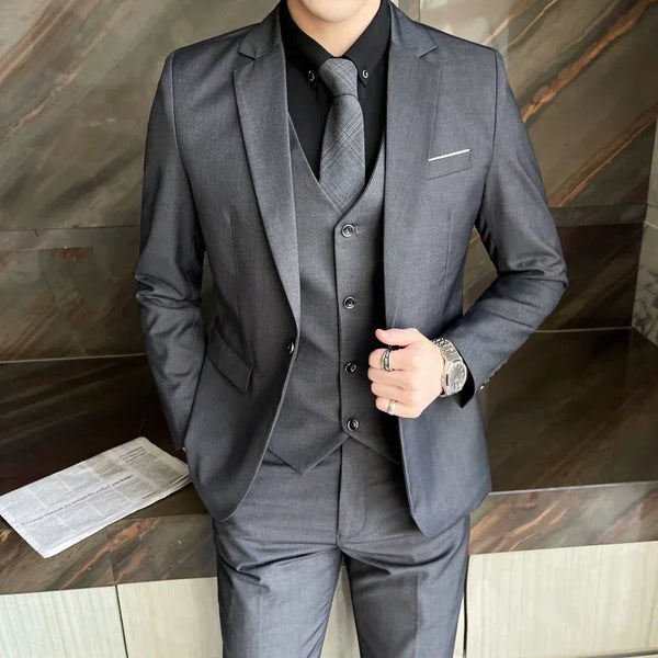 Boutique Solid Color Men's Casual Office Business Suit Three and Two Piece Set Groom Wedding Dress Blazer Waistcoat Trousers