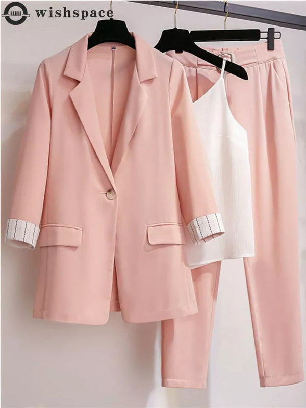 2023 spring new plus size Korean elegant women's suit female blazer leisure pants Tweed suit jacket three piece jacket pants set