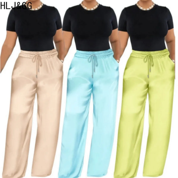 HLJ&GG Autumn Winter Casual Solid Color Wide Leg Pants Women High Waisted Drawstring Pants Female Pocket Matching Bottoms 2023