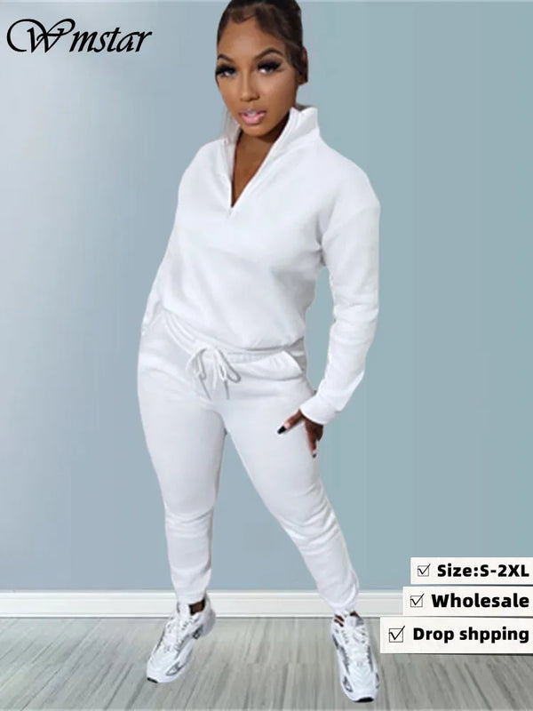 Wmstar Two Piece Set Women Tracksuit Zip Top and Pants Sets V Neck Sweatsuit Casual Clothes Matching Suit Wholesale Dropshpping
