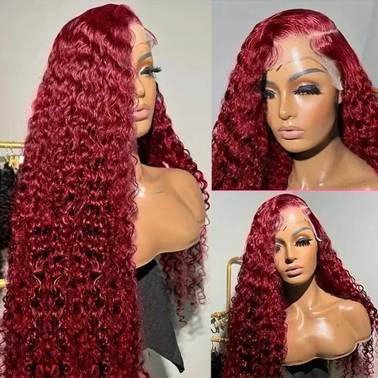 99j Burgandy Deep Wave 13x4 Lace Front Human Hair Wigs Brazilian Remy 180% Red Colored Curly 13x6 HD Lace Frontal Wig For Women