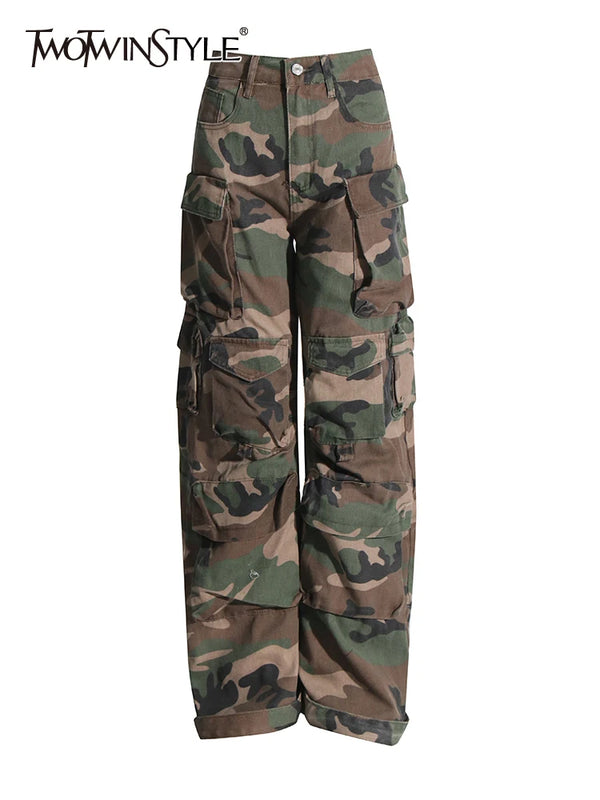 TWOTWINSTYLE Camouflage Denim Trousers Women High Wasit Patchwork Pockets Loose Wide Leg Pants Female 2023 New Clothing Fashion