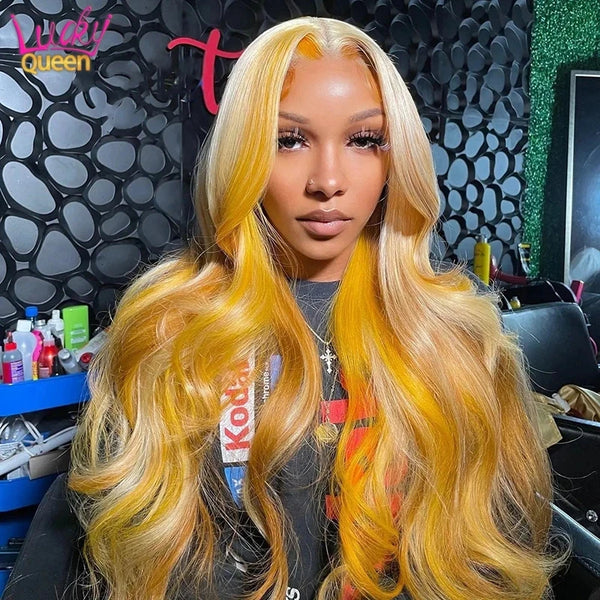 Yellow Mixed 613 Blonde Color Body Wave Human Hair Wig Highlight HD Lace Front Wig Transparent Lace 13X4 13X6 Frontal Wavy Wig