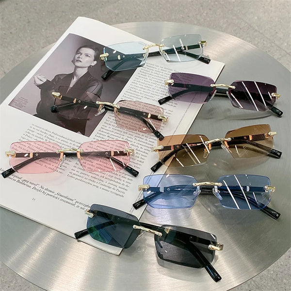 Fashion Rimless Sunglasses Rectangle Women Men Shades Small Square Sun Glasses Summer Traveling Sunshade Frameless Sunglasses