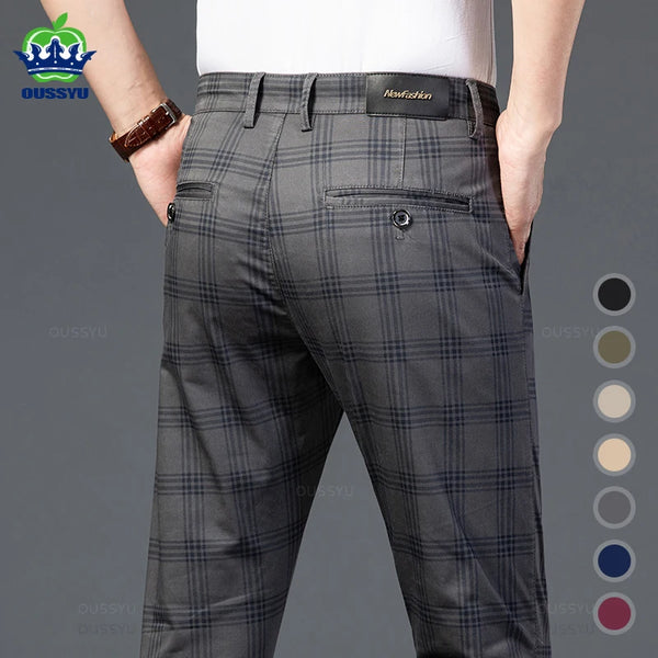 Brand Men's Stripe Plaid Casual Pants Men Four Seasons High Quality Business Trousers Men's Slim Dark gray Straight Pant