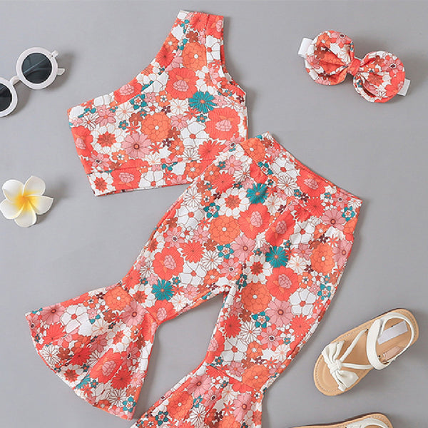 One-shoulder Girls' Summer Rose Print Bell-bottom Pants Three-piece Suit