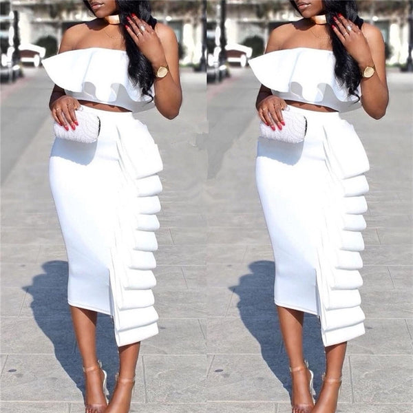 Women's Fashion Solid Colour High Waisted Skirt Top Two Piece Set