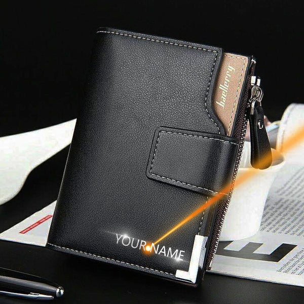 AEX Customized Men Wallets Name Engraving Card Holders Zipper Fashion Short Men Purse PU Leather High Quality Male Purse For Men
