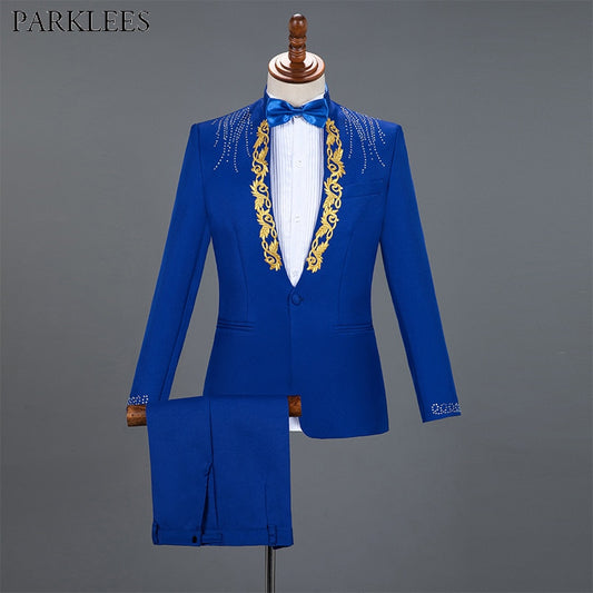 (N) Diamond Royal Blue Men Suit Set Gold Embroidered Wedding Mens Slim Fit Tuxedo Mens Suits