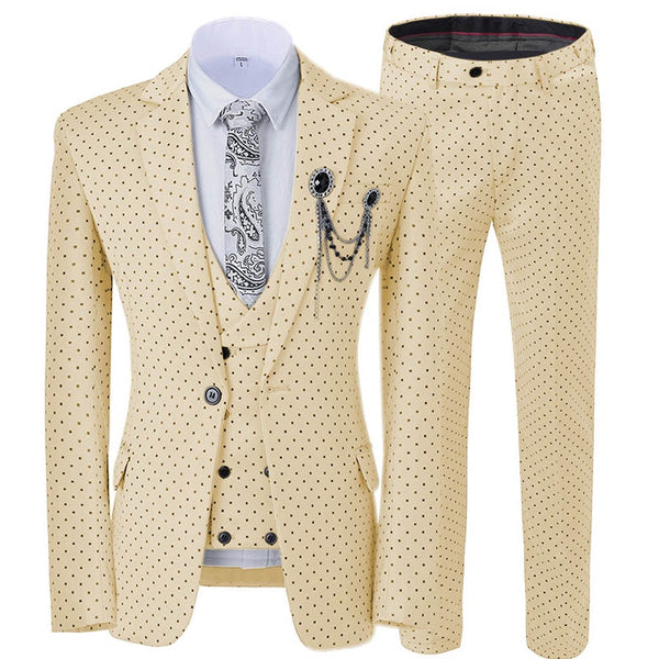 Men 3 Piece Formal Suit Dots Printed Slim Fit Notch Lapel Tuxedos Tailcoat Best Men Double Breasted Vest