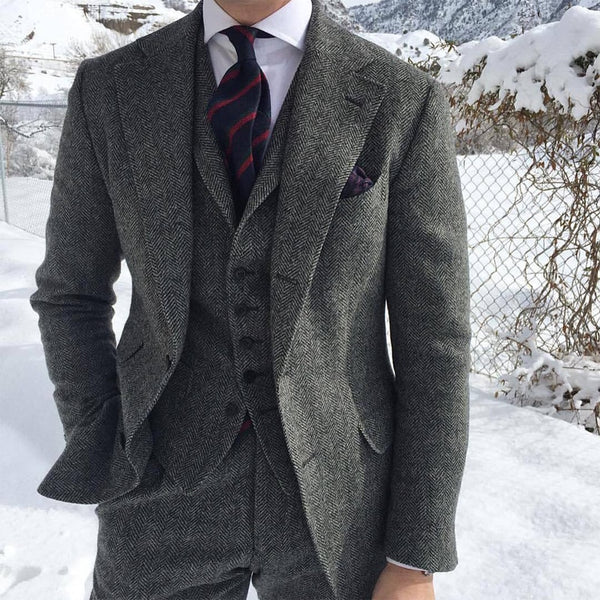(N)Gray Wool Tweed Men Suits For Winter Wedding Formal Groom Tuxedo 3 Piece Herringbone Male Fashion Set Jacket Vest with Pants